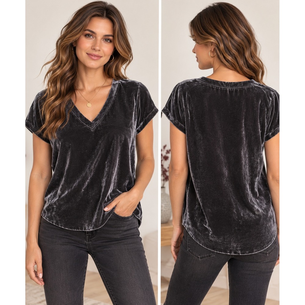 Cloth & Stone Anthropologie Slate Gray Velvet Top Blouse M V Neck Hi Low Boho